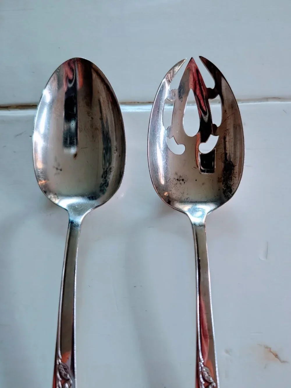 VTG 2 pc Reed & Barton Classic Rose Sterling Silver Table Serving Spoon Pierced